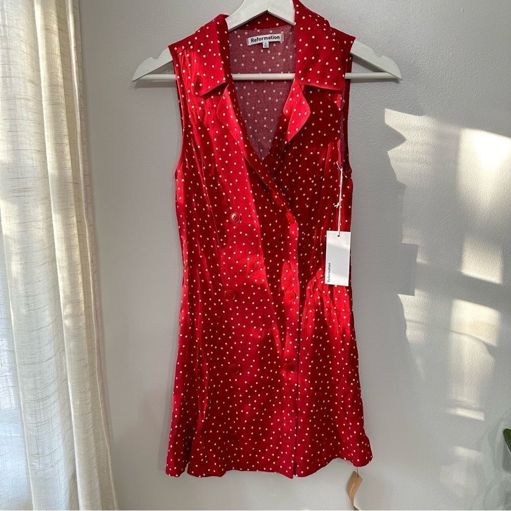 Reformation Leith Mini Dress Ditty Red Polka Dot - Picture 3 of 8